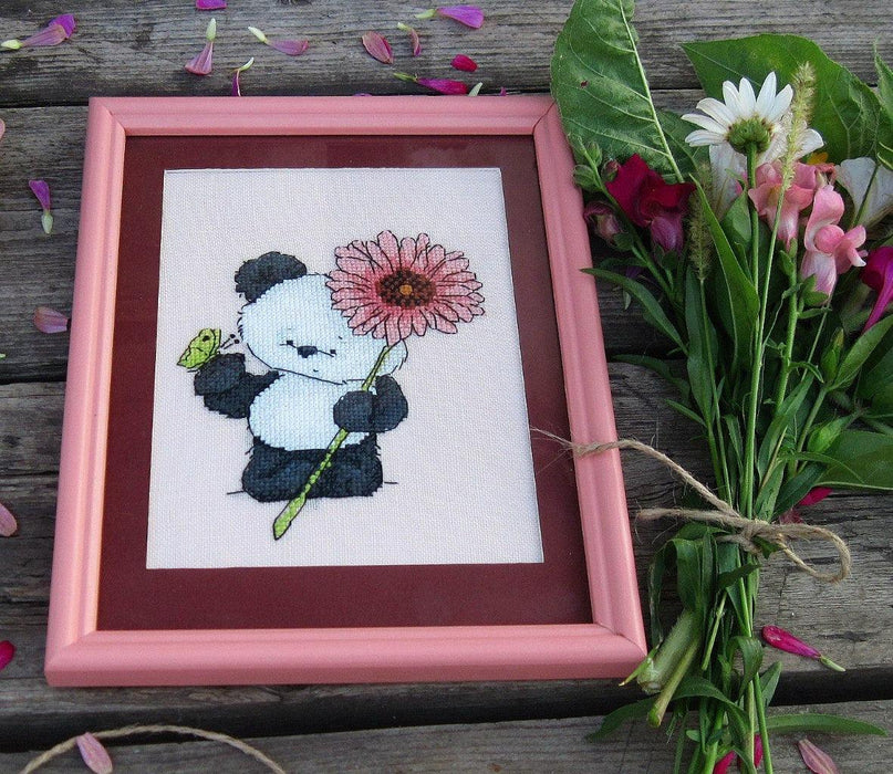 Panda with Chamomile - PDF Free Cross Stitch Pattern - Wizardi