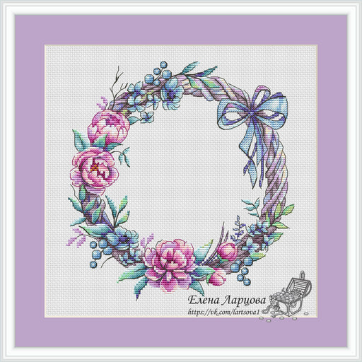 Pink Wreath with Owl - PDF Cross Stitch Pattern - Wizardi
