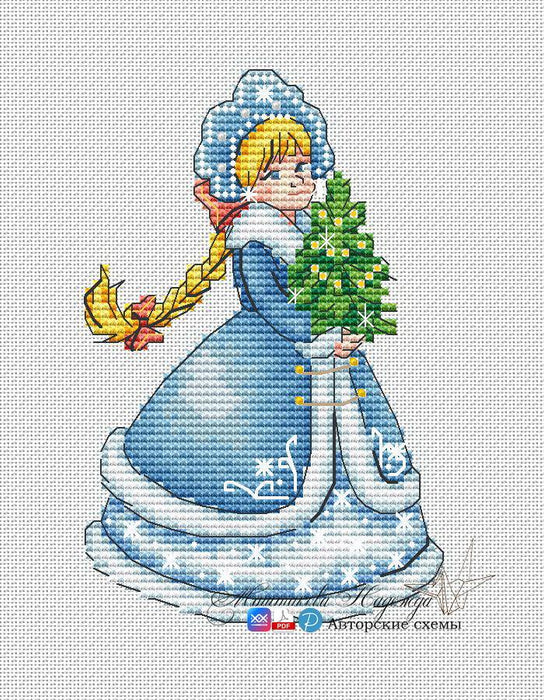 Snow Maiden with A Christmas Tree - PDF Cross Stitch Pattern - Wizardi