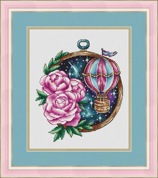 Space Balloon. Pink Peonies - PDF Cross Stitch Pattern - Wizardi