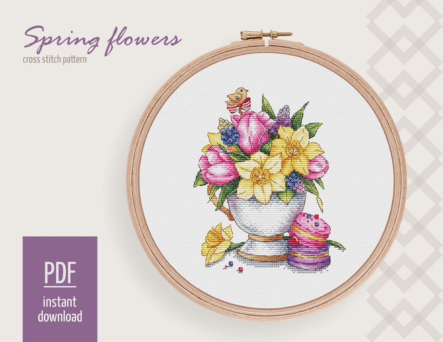 Spring Flowers Cross stitch pattern, Floral Modern Cross Stitch Chart, Cross stitch pattern PDF, Needlepoint Pattern, Hand embroidery design - Wizardi