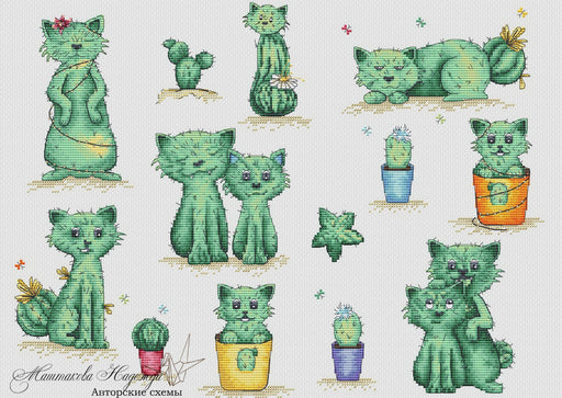 Succulent Cats & Kittens. Cactuses - PDF Cross Stitch Pattern - Wizardi