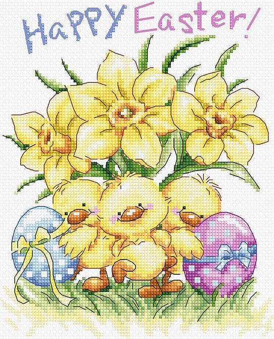 Three Chicks with Daffodils and Egg L8059 Counted Cross Stitch Kit - Wizardi