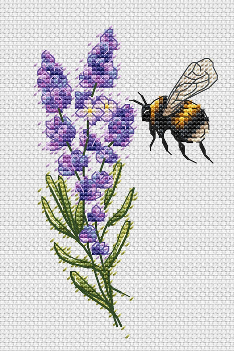 Violet Flowers with Bee. Bumblebee - PDF Cross Stitch Pattern - Wizardi