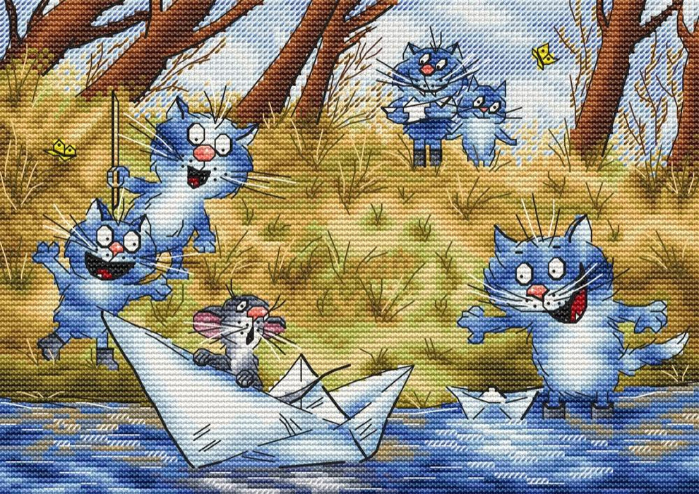 Wind with Distant Wanderings. Sailing Ship with Blue Cats - PDF Cross Stitch Pattern - Wizardi