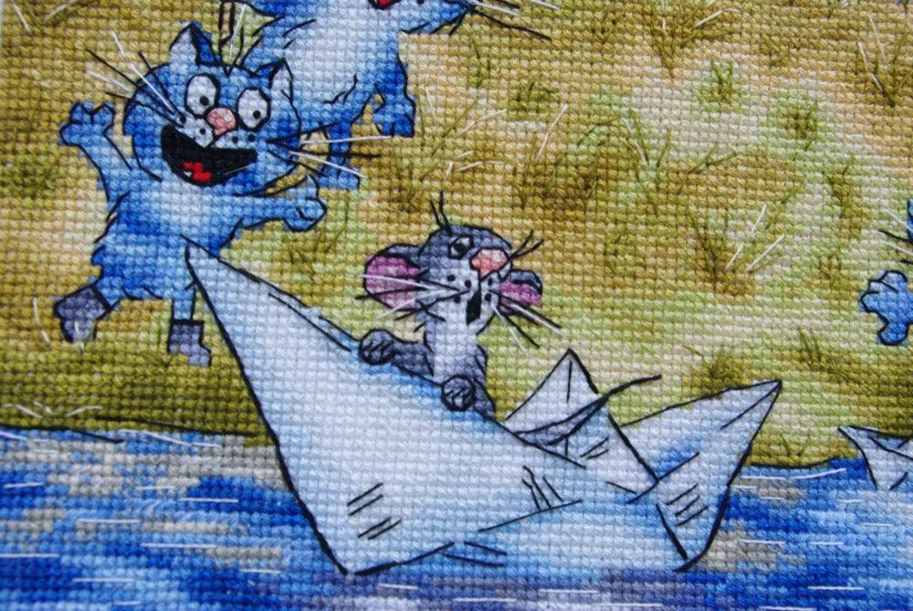 Wind with Distant Wanderings. Sailing Ship with Blue Cats - PDF Cross Stitch Pattern - Wizardi