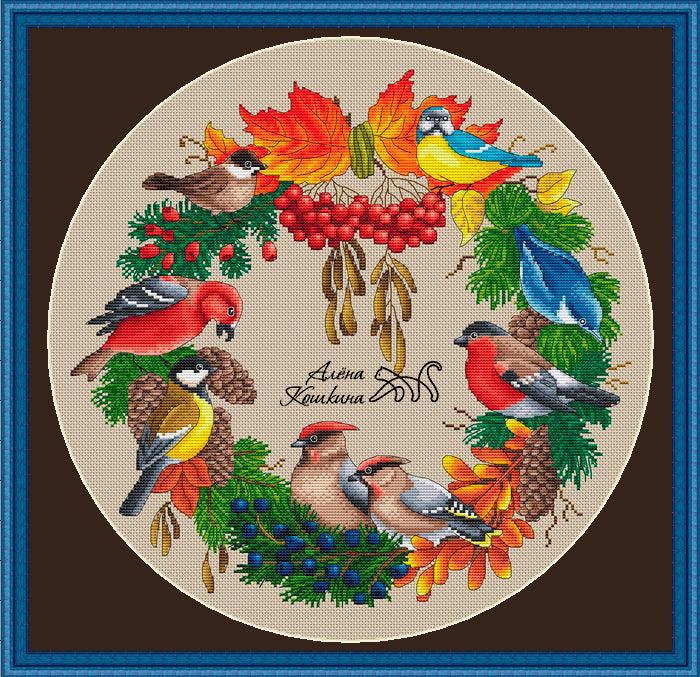 Wreath with Birds - PDF Cross Stitch Pattern - Wizardi